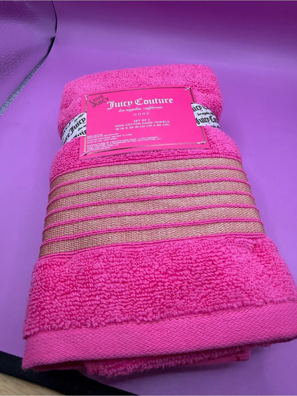 Juicy Couture Pink with Gold Stripes Hand Towels
